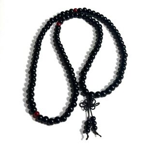 Black Sandalwood 8mm 108 Buddhist Prayer Beads Mala Red Accent 28 inch